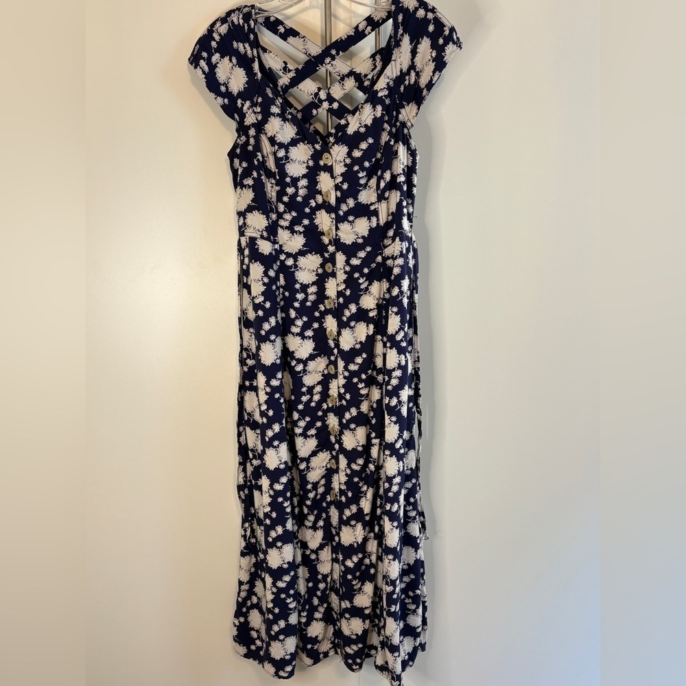 Maeve Navy and Cream Floral Print, Button Down, Strappy Back Midi Dress